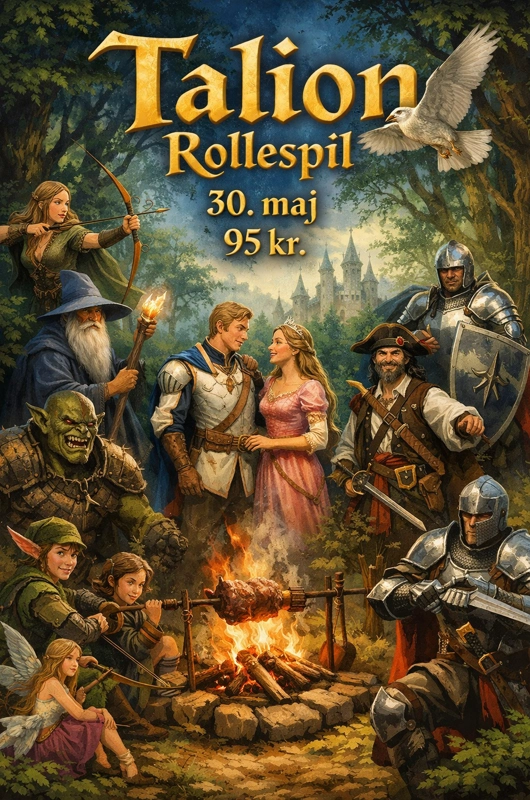 Trolde, prinser og prinsesser, pirater og riddere omkring et bål i en skov 